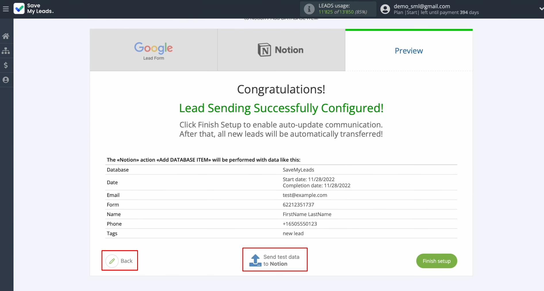 Google Ads Lead Form and Notion integration | Click "Send Test Data to Notion” Google Ads Lead Form and Notion integration | Click "Send Test Data to Notion”