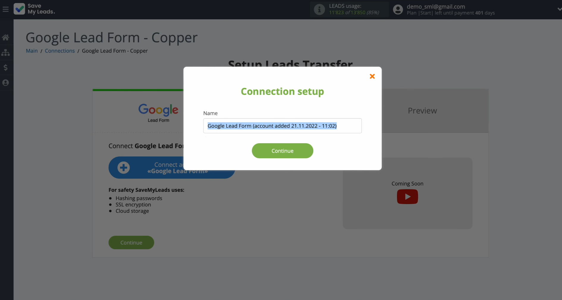 Google Lead Form and Copper integration | You can assign a name to your connection Google Lead Form and Copper integration | You can assign a name to your connection