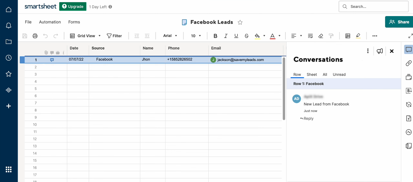 Facebook Lead Ads and Smartsheet integration | A new test row Facebook Lead Ads and Smartsheet integration | A new test row