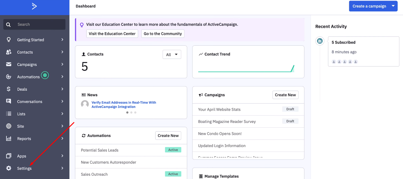 Facebook and ActiveCampaign integration | In the ActiveCampaign go to the “Settings” Facebook and ActiveCampaign integration | In the ActiveCampaign go to the “Settings”