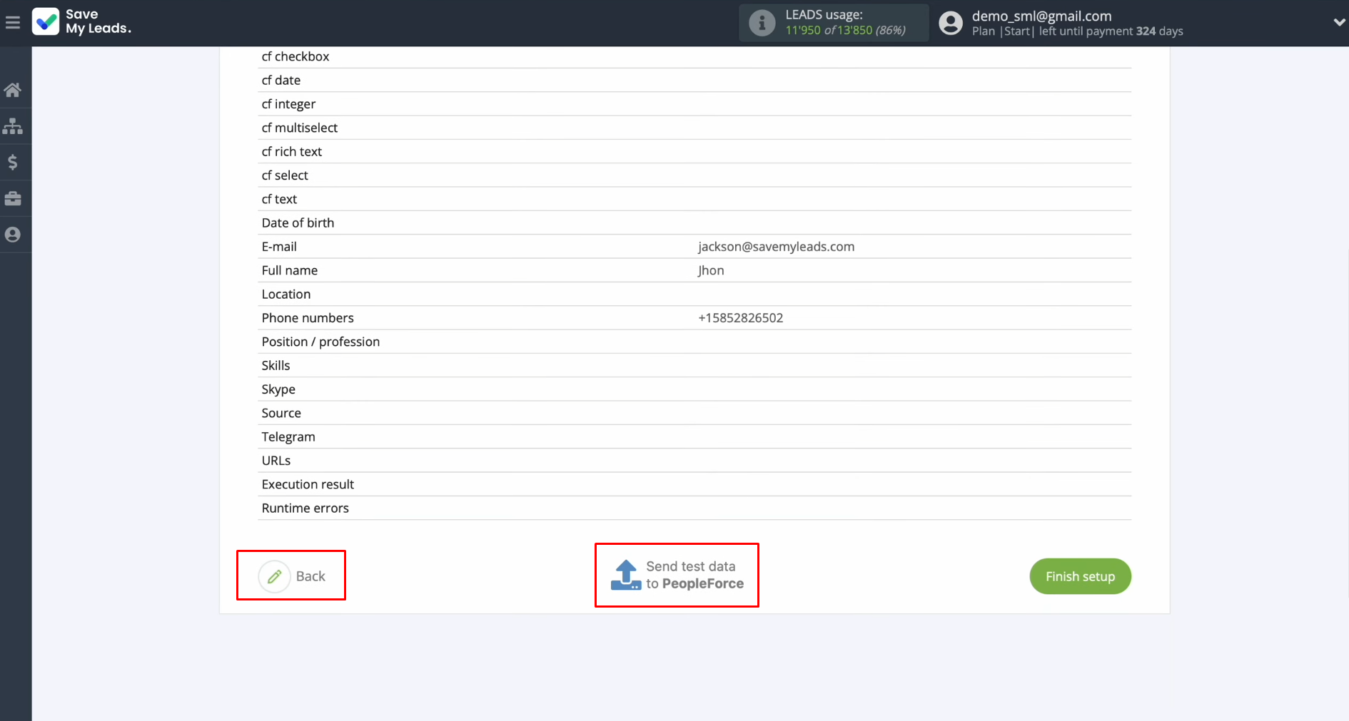 PeopleForce and Facebook integration | Click “Send test data to PeopleForce” PeopleForce and Facebook integration | Click “Send test data to PeopleForce”