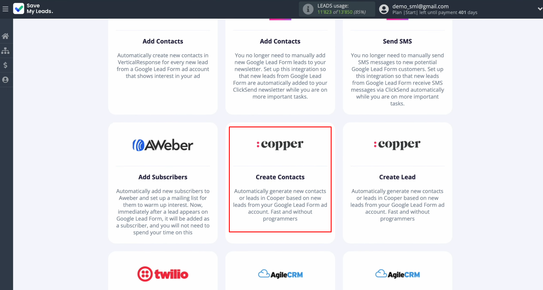 Google Lead Form and Copper integration | Choose Copper (Create Contacts) Google Lead Form and Copper integration | Choose Copper (Create Contacts)
