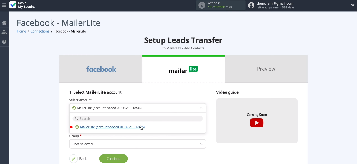 Facebook and MailerLite integration | Select MailerLite account Facebook and MailerLite integration | Select MailerLite account
