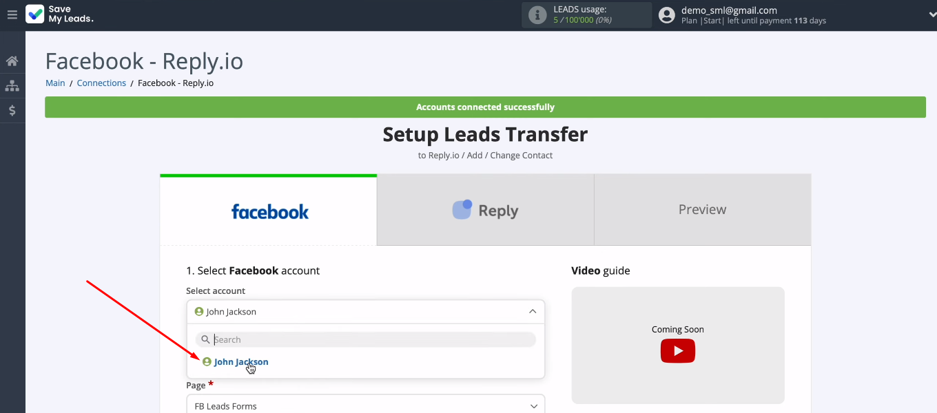 Facebook and Reply integration | Select the desired account Facebook and Reply integration | Select the desired account
