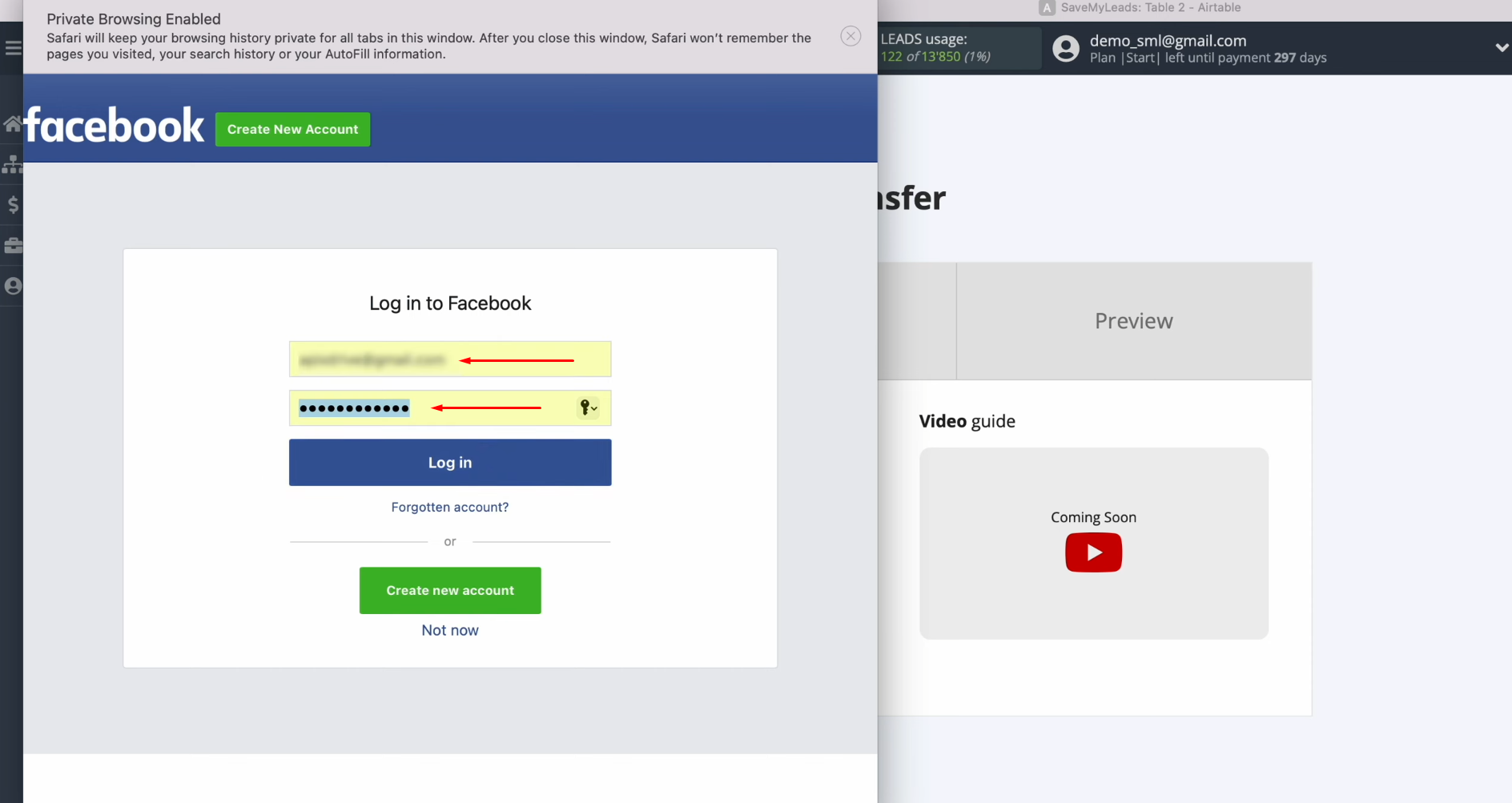 Facebook and Airtable integration | Specify the login and password Facebook and Airtable integration | Specify the login and password