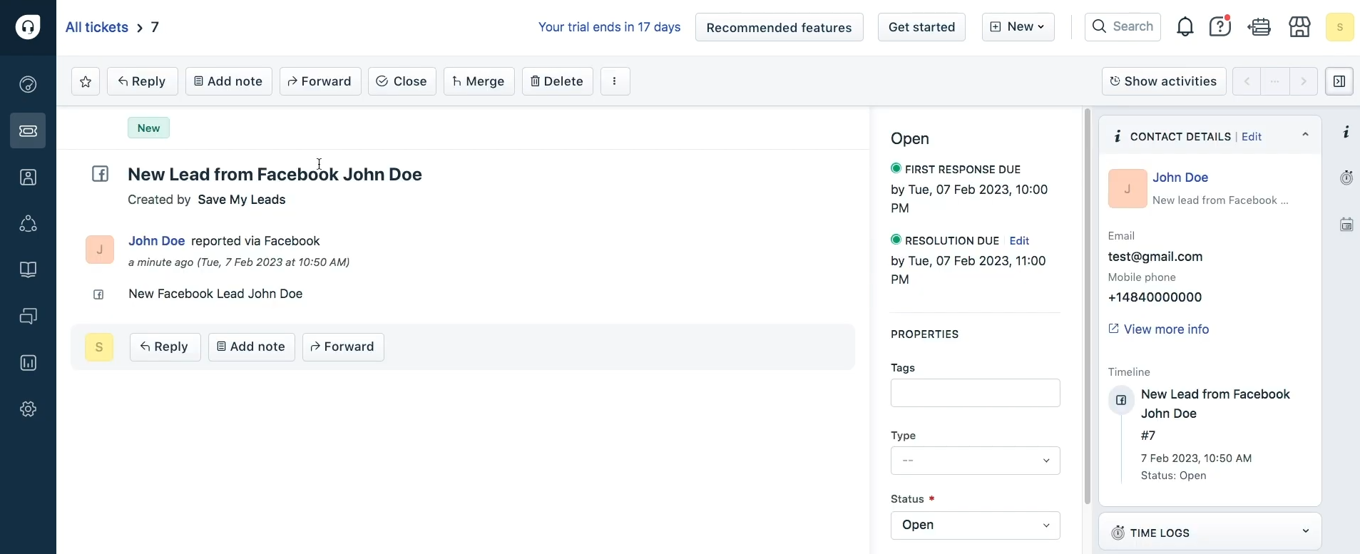 Facebook and Freshdesk integration | New ticket<br> Facebook and Freshdesk integration | New ticket<br>