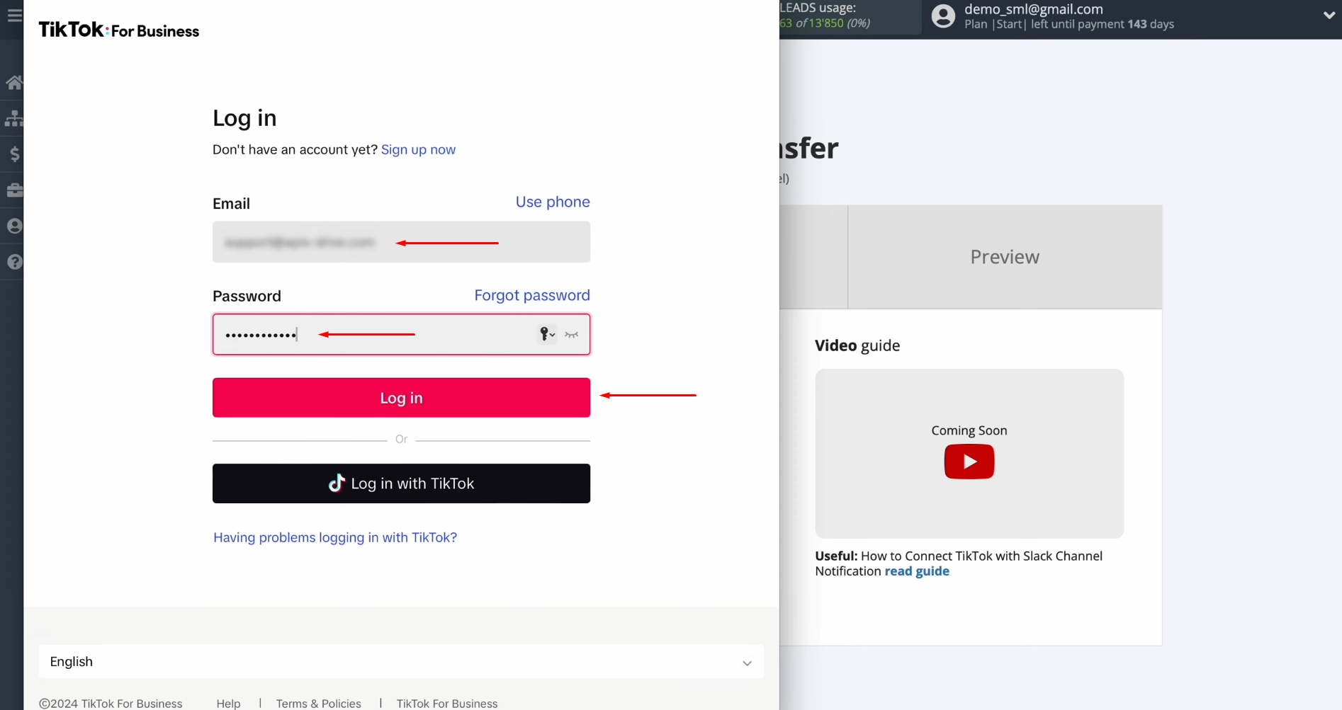 TikTok and Slack integration | Input your TikTok login credentials and click “Log in” TikTok and Slack integration | Input your TikTok login credentials and click “Log in”
