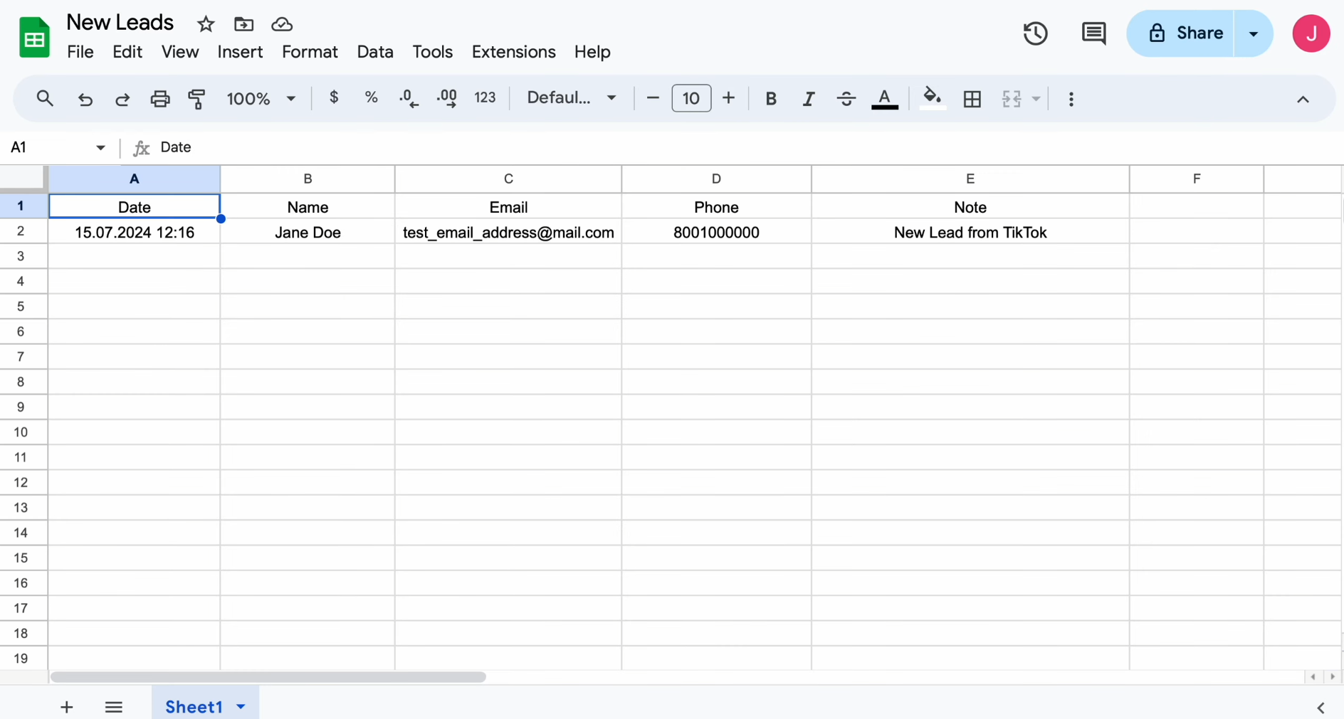 TikTok and Google Sheets integration | Result of the data transfer to Google Sheets TikTok and Google Sheets integration | Result of the data transfer to Google Sheets