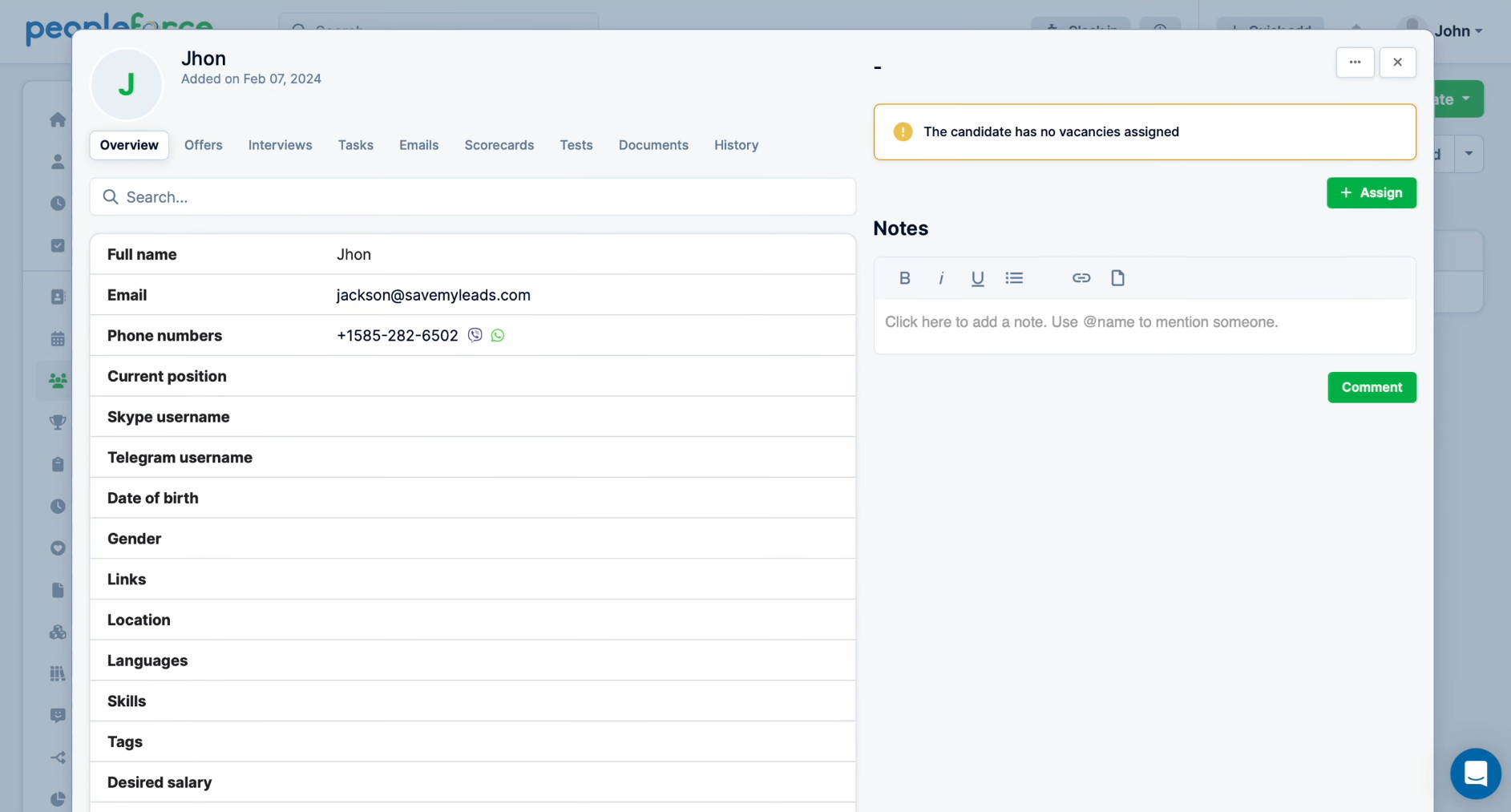 PeopleForce and Facebook integration | Result of connecting PeopleForce and Facebook integration | Result of connecting