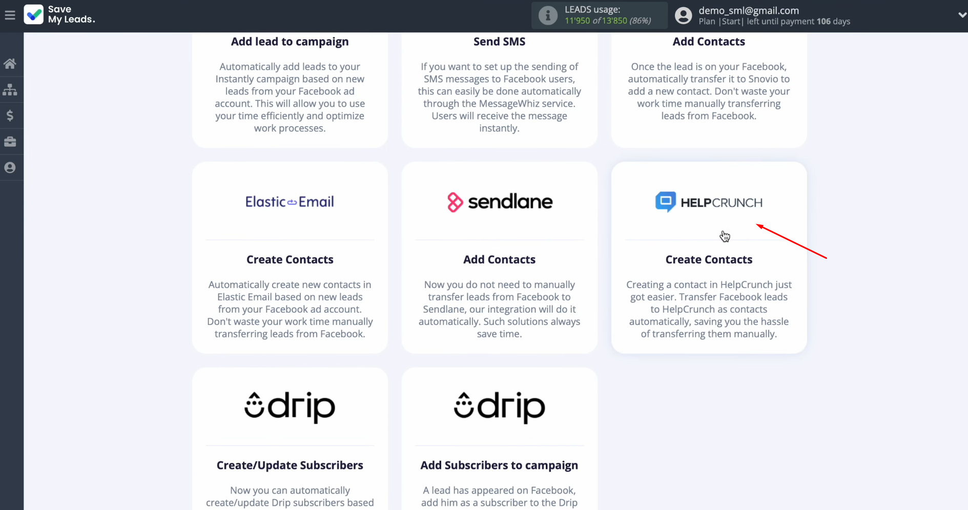 Facebook and HelpCrunch integration | Select “HelpCrunch Create Contacts” Facebook and HelpCrunch integration | Select “HelpCrunch Create Contacts”