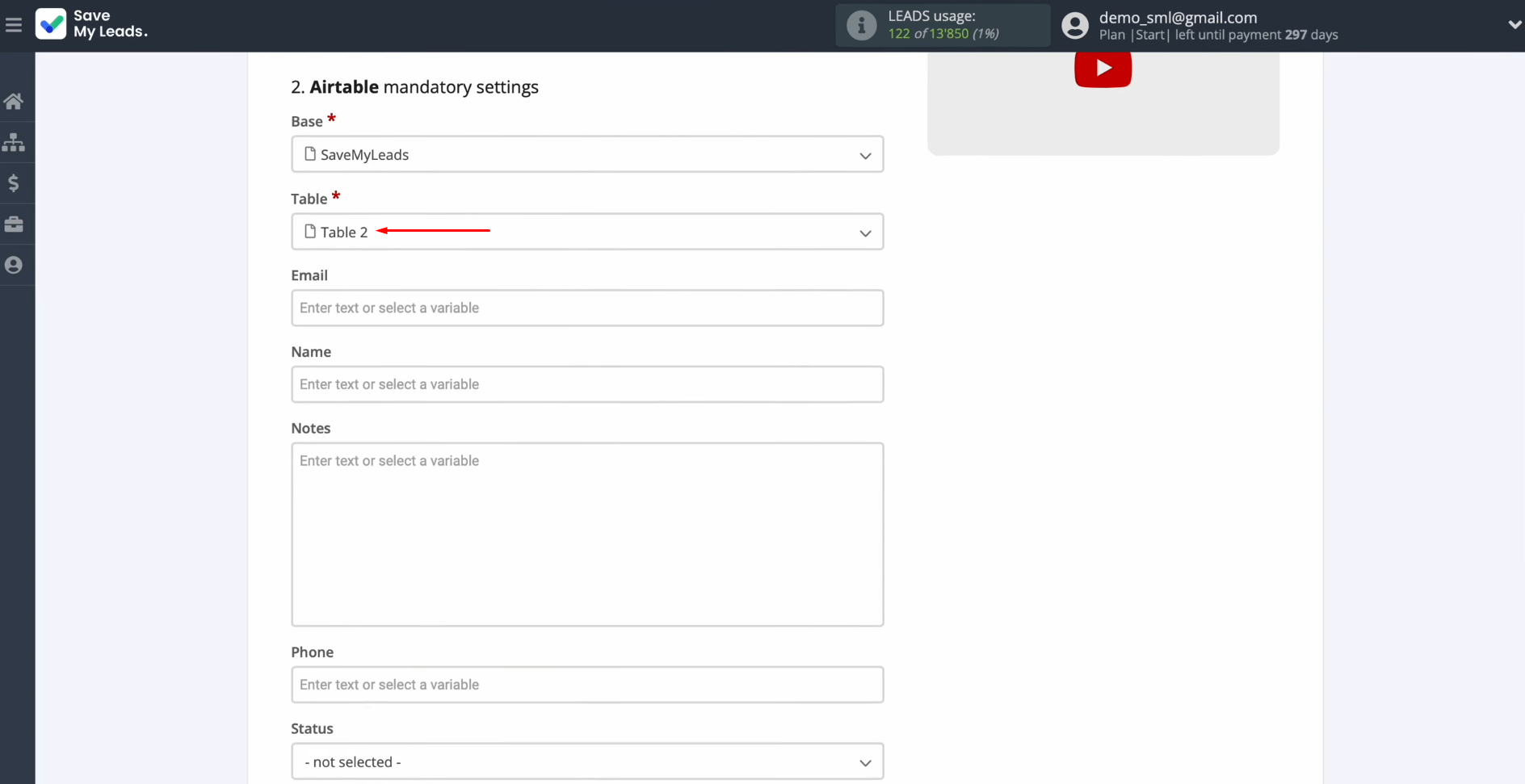 Facebook and Airtable integration | Select the table Facebook and Airtable integration | Select the table