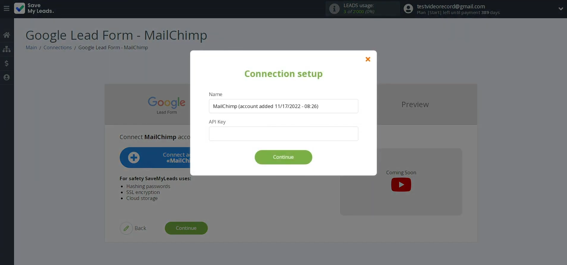 Google Lead Form and Mailchimp integration | Window for specifying the API key Google Lead Form and Mailchimp integration | Window for specifying the API key