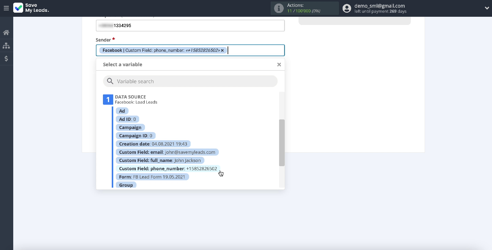 How to set up Facebook and Messente integration | Choose a variable How to set up Facebook and Messente integration | Choose a variable