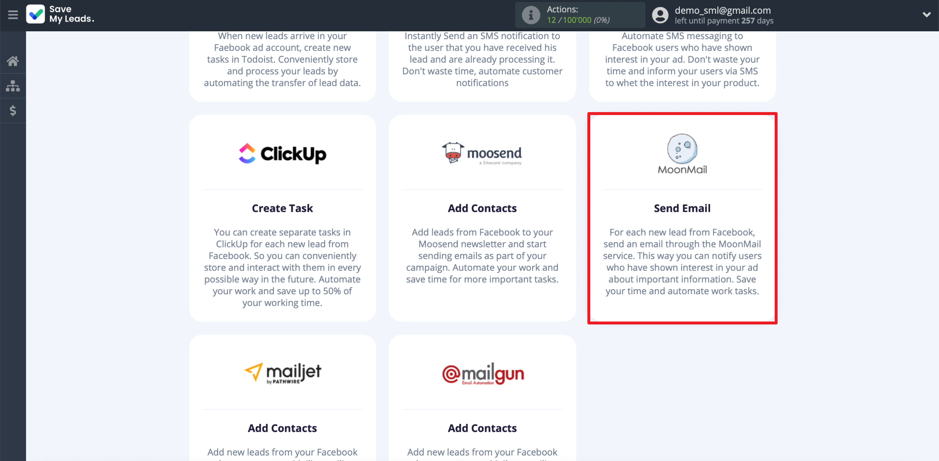 How to Set Up Auto-Send Messages to New Leads on Facebook via MoonMail | Choosing integration with MoonMail How to Set Up Auto-Send Messages to New Leads on Facebook via MoonMail | Choosing integration with MoonMail