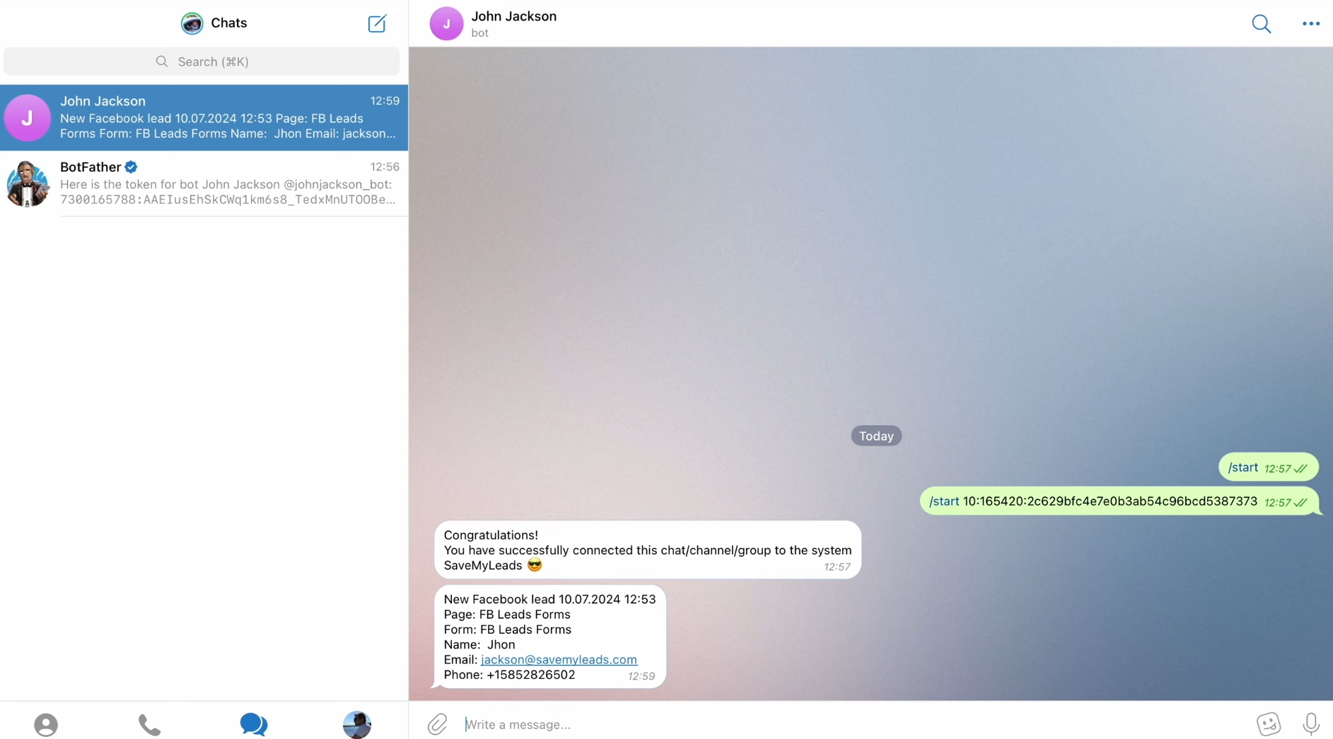 Facebook and Telegram integration | Result of connecting Facebook and Telegram integration | Result of connecting