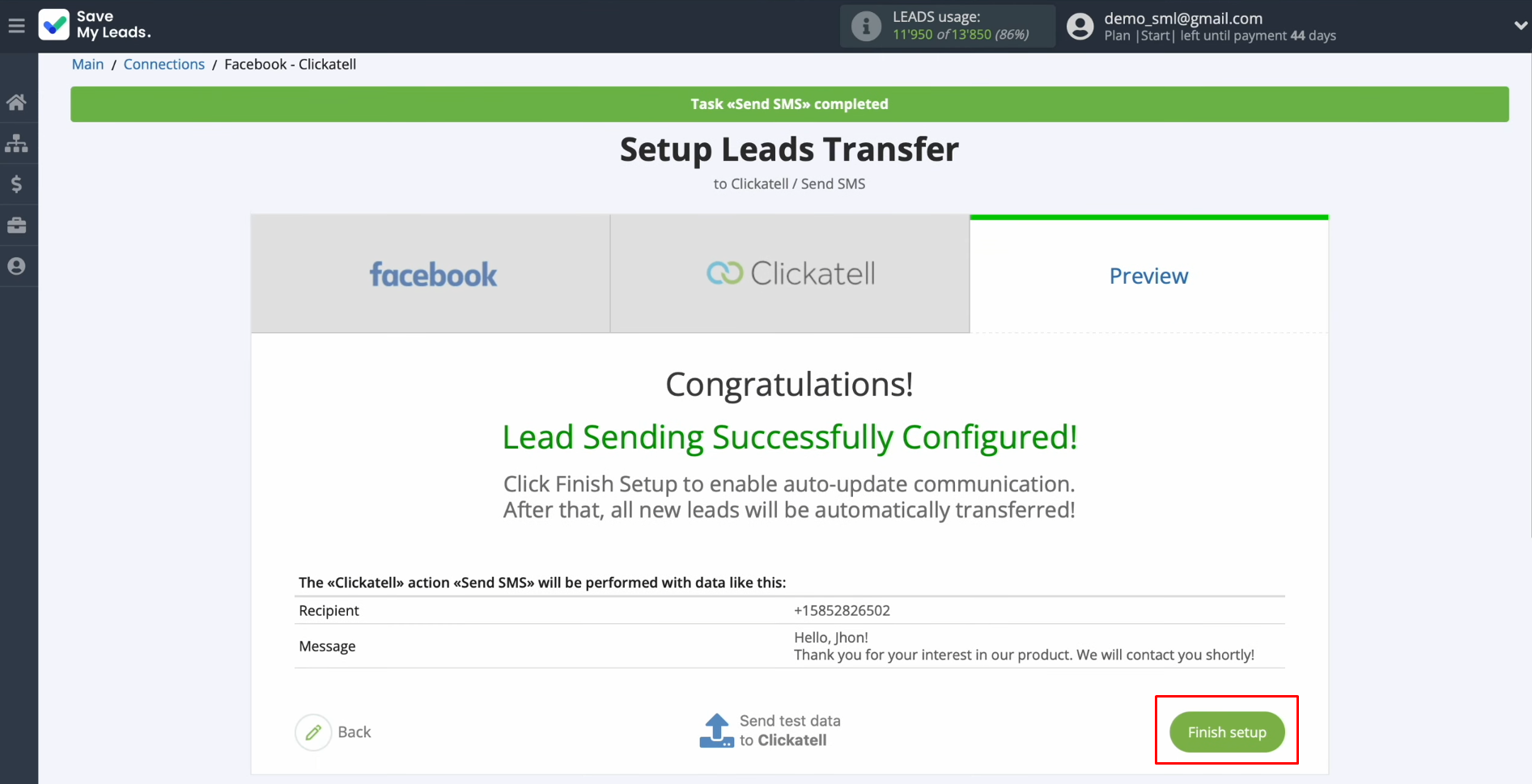 Facebook and Clickatell integration | Click “Finish setup” Facebook and Clickatell integration | Click “Finish setup”