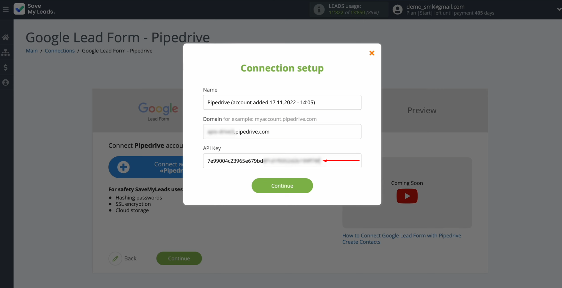 Pipedrive and Google Ads Lead Form integration | Paste the API key into the corresponding field in SaveMyLeads Pipedrive and Google Ads Lead Form integration | Paste the API key into the corresponding field in SaveMyLeads