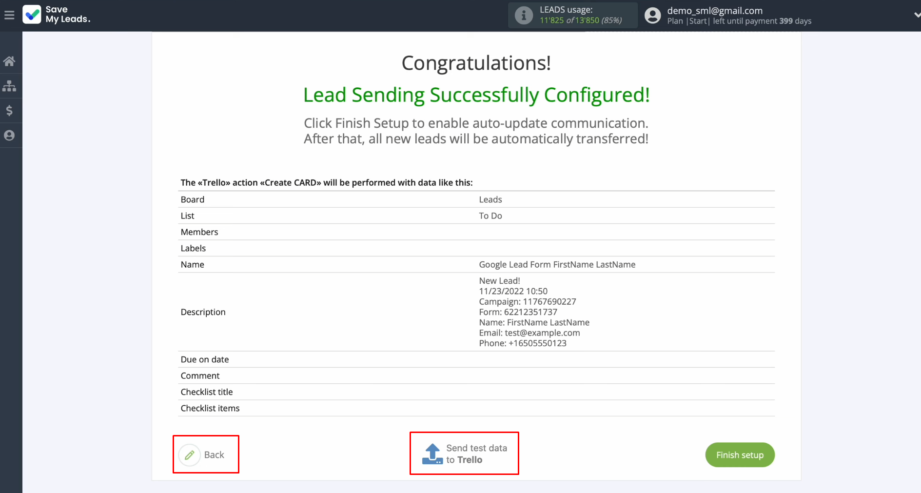 Google Lead Form and Trello integration | To check the correctness of the settings, click "Send Test Data to Trello" Google Lead Form and Trello integration | To check the correctness of the settings, click "Send Test Data to Trello"