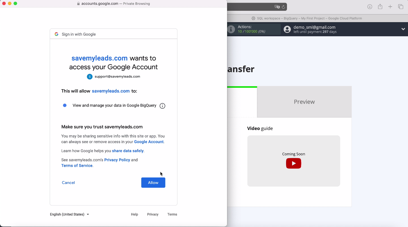 Facebook and Google BigQuery integration | Give the system all the necessary permissions Facebook and Google BigQuery integration | Give the system all the necessary permissions