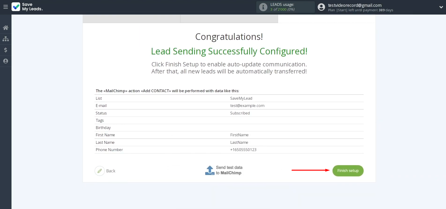 Google Lead Form and Mailchimp integration | Click “Finish setup” to enable auto-update Google Lead Form and Mailchimp integration | Click “Finish setup” to enable auto-update
