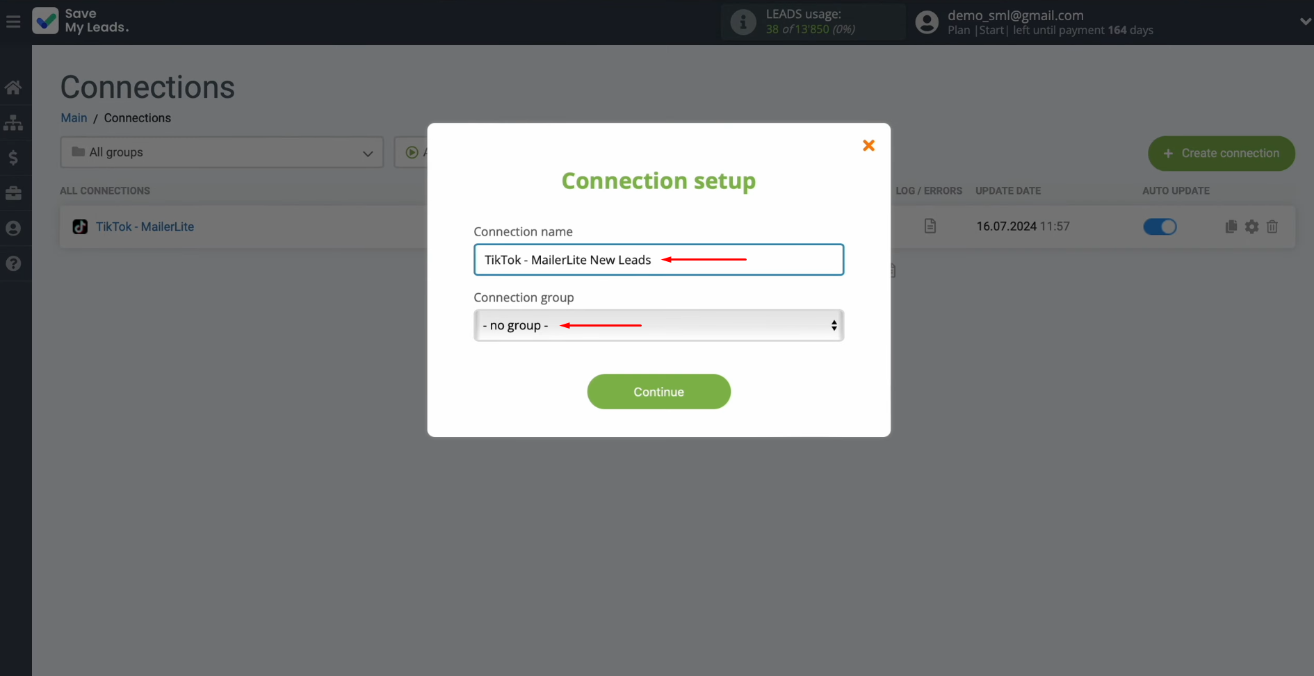 How to connect TikTok to MailerLite | Give the connection a new name and add it to a group How to connect TikTok to MailerLite | Give the connection a new name and add it to a group