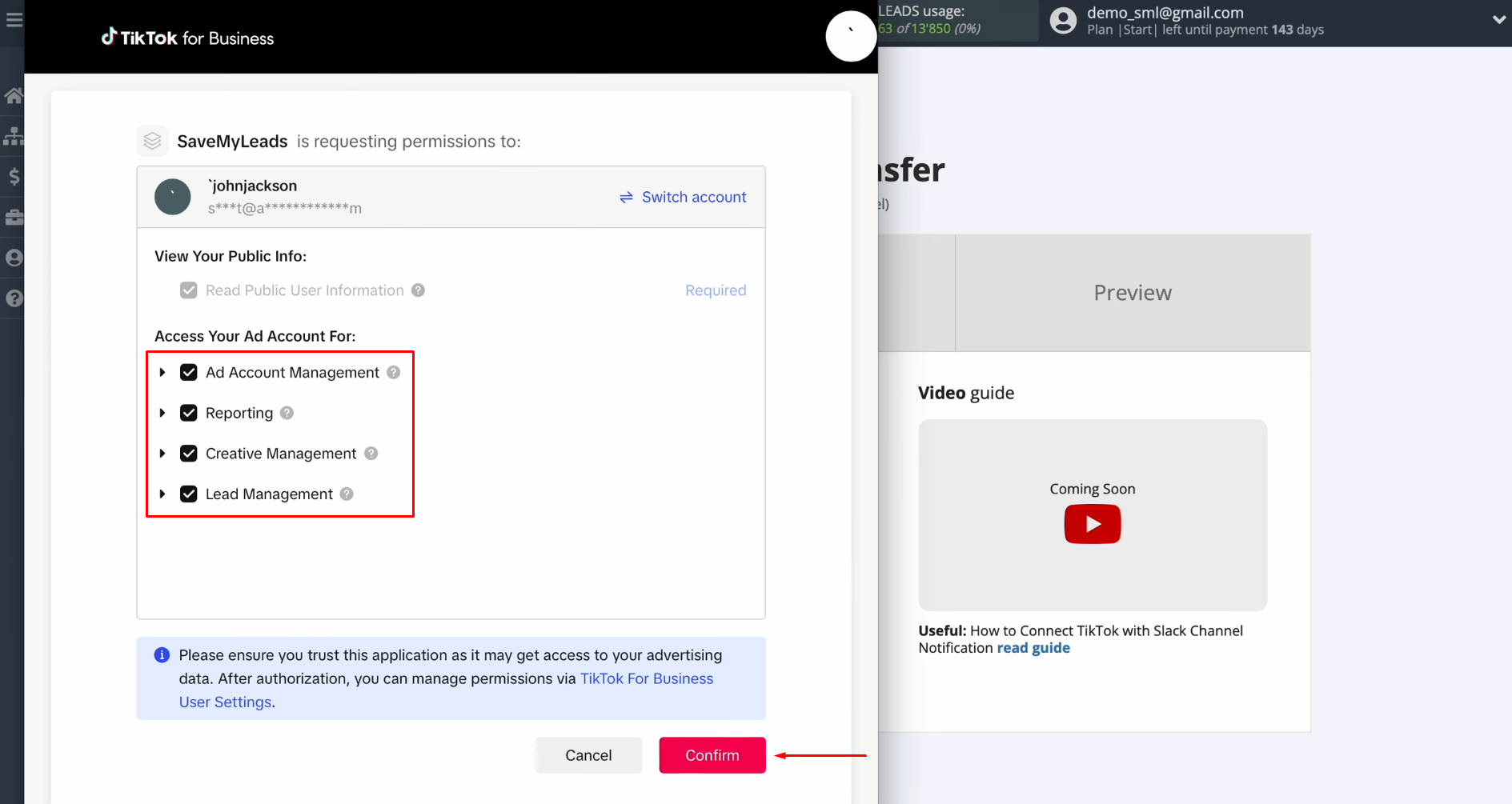 TikTok and Slack integration | Ensure all permission checkboxes are checked TikTok and Slack integration | Ensure all permission checkboxes are checked