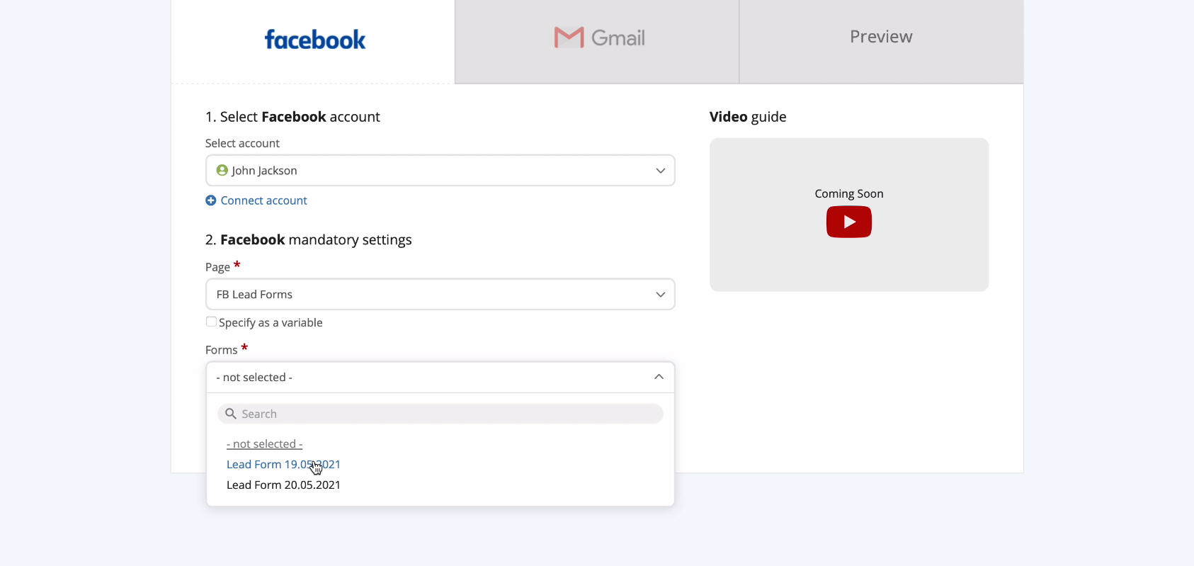 Facebook Lead Ads + Gmail Integration | Specify the forms Facebook Lead Ads + Gmail Integration | Specify the forms