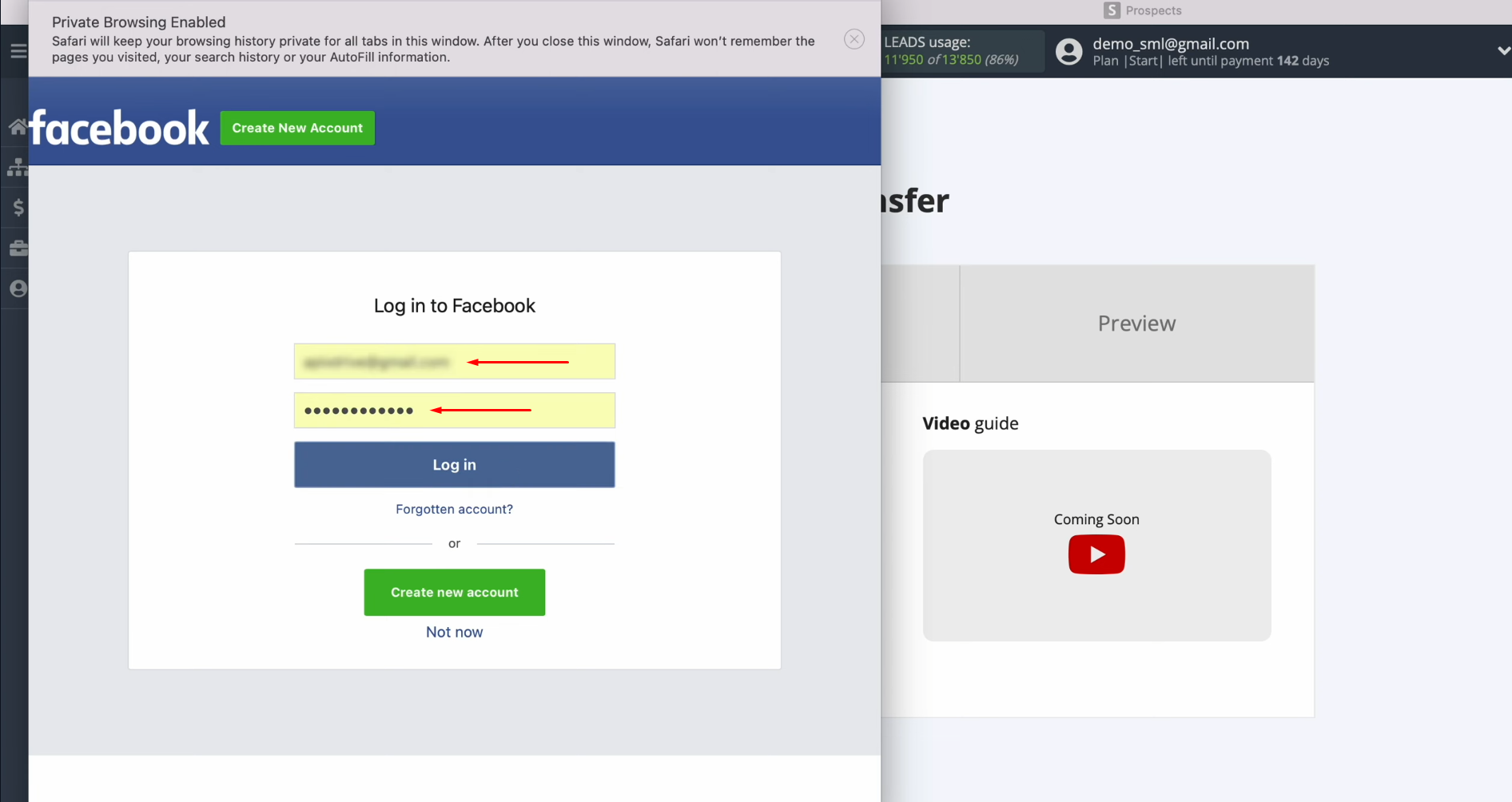 Snov.io and Facebook integration | Specify the login and password Snov.io and Facebook integration | Specify the login and password