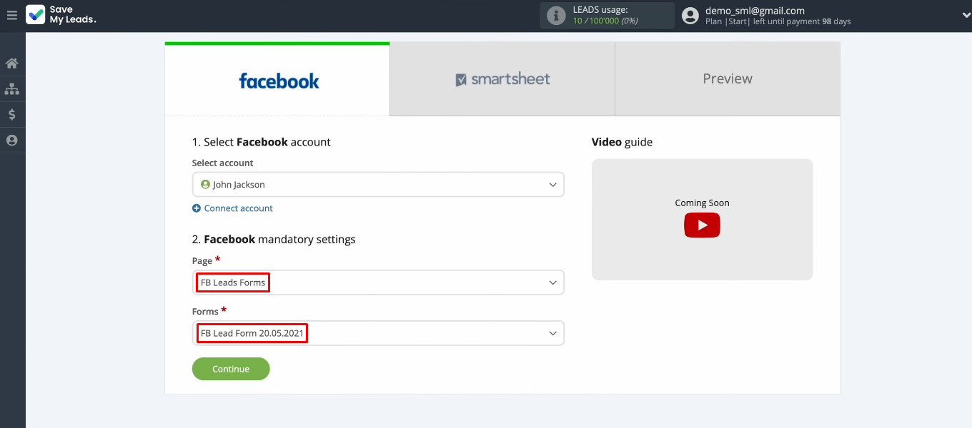 Facebook Lead Ads and Smartsheet integration | Define the required settings Facebook Lead Ads and Smartsheet integration | Define the required settings