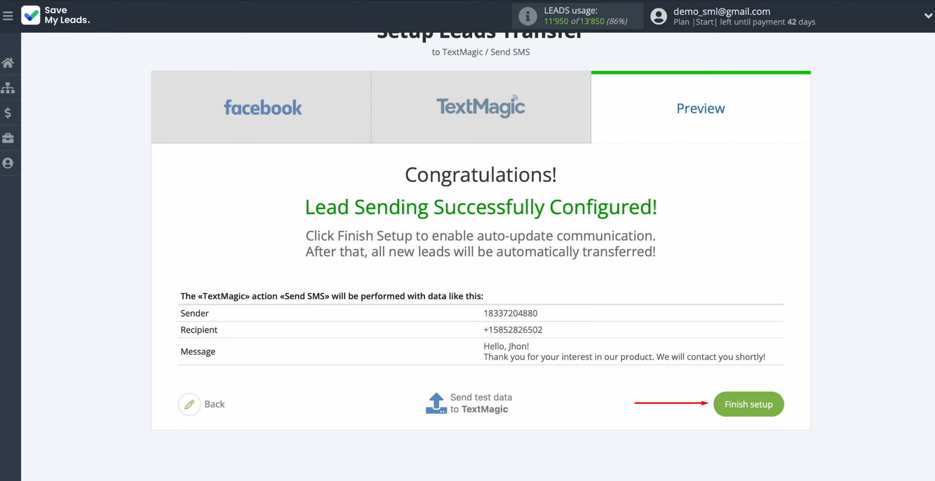 Textmagic and Facebook integration | Click "Finish setup" to enable auto-update Textmagic and Facebook integration | Click "Finish setup" to enable auto-update