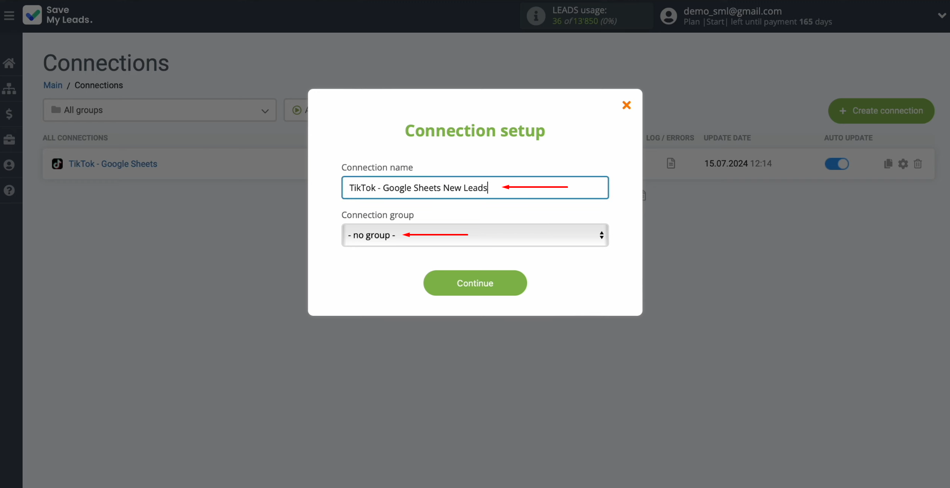 TikTok and Google Sheets integration | Change the connection name and add it to a group TikTok and Google Sheets integration | Change the connection name and add it to a group