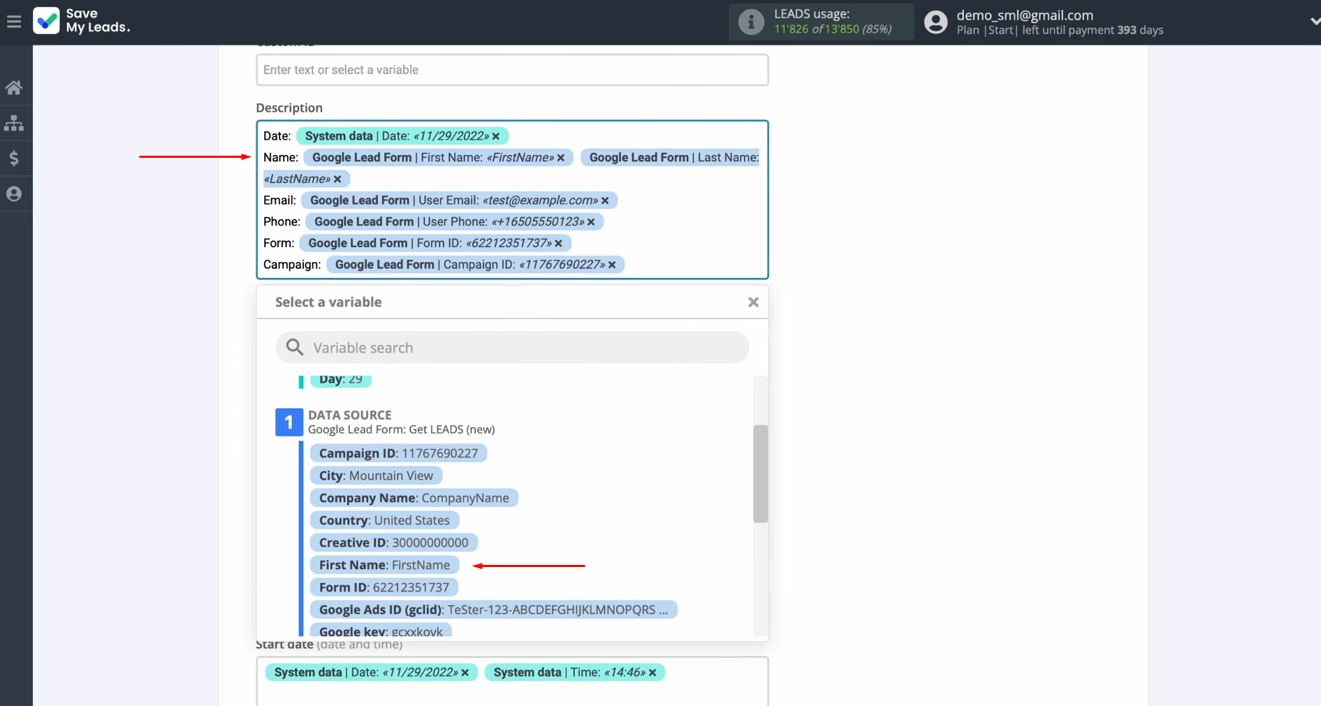 Google Ads Lead Form and ClickUp integration | Select the relevant variable from the drop-down menu Google Ads Lead Form and ClickUp integration | Select the relevant variable from the drop-down menu