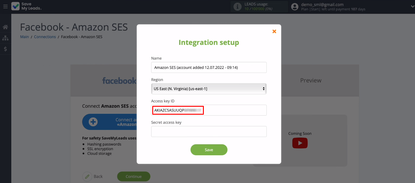 Facebook and Amazon SES integration | Paste the Access key ID Facebook and Amazon SES integration | Paste the Access key ID