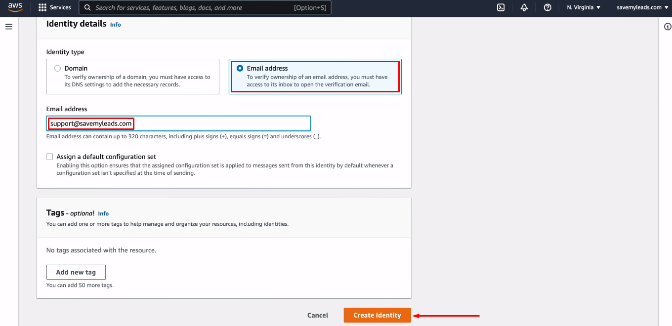 Facebook and Amazon SES integration | Select identity type and specify the mail Facebook and Amazon SES integration | Select identity type and specify the mail
