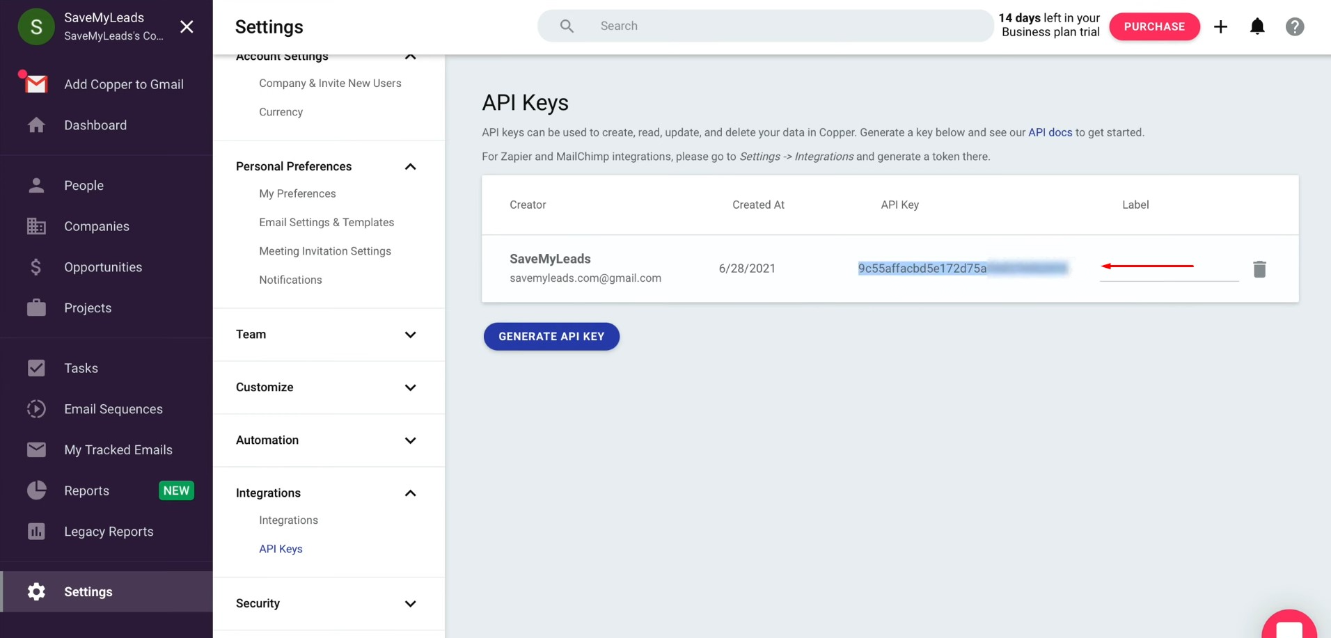 Facebook and Copper integration | Copy the API key Facebook and Copper integration | Copy the API key