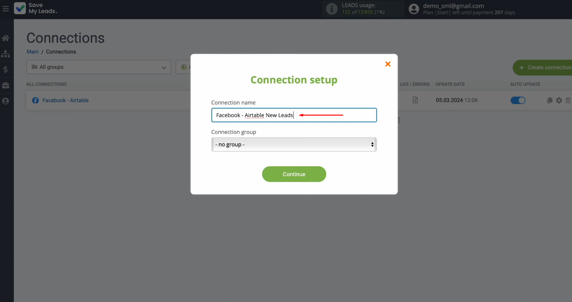Facebook and Airtable integration | Change the connection name and add it to a group Facebook and Airtable integration | Change the connection name and add it to a group