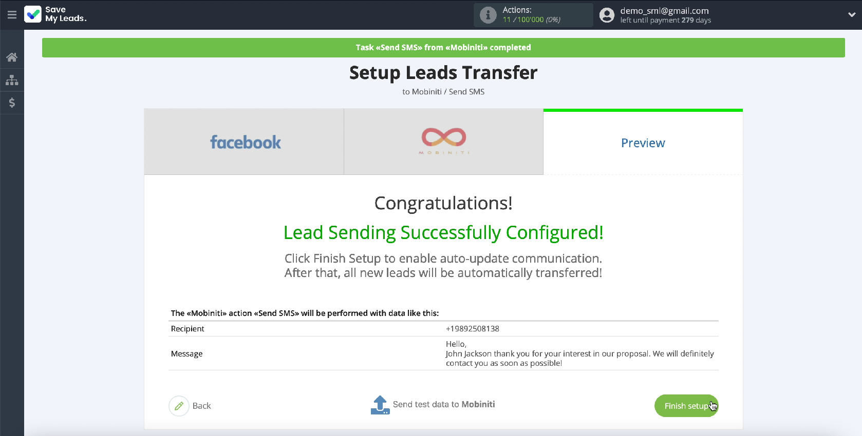 How to Send SMS via Mobiniti from New Facebook Leads | Click Finish setup How to Send SMS via Mobiniti from New Facebook Leads | Click Finish setup