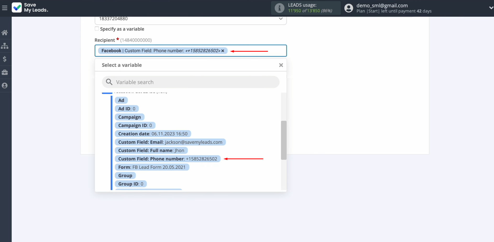 Textmagic and Facebook integration | Select a variable from the drop-down list Textmagic and Facebook integration | Select a variable from the drop-down list