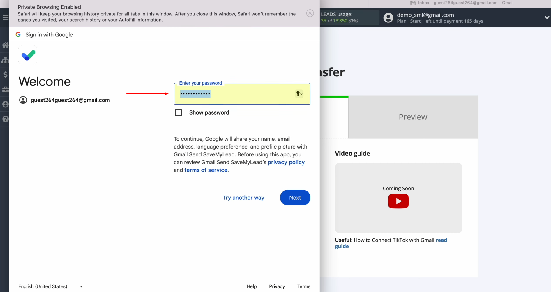 TikTok and Gmail integration | Specify the password of your Google account TikTok and Gmail integration | Specify the password of your Google account