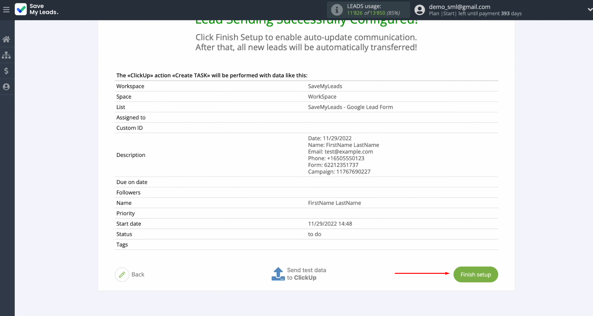 Google Ads Lead Form and ClickUp integration | Activate the auto-update feature by clicking “Finish setup” Google Ads Lead Form and ClickUp integration | Activate the auto-update feature by clicking “Finish setup”