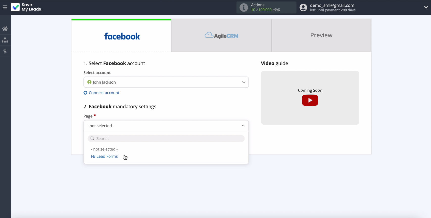 Facebook and AgileCRM integration | Select the advertising page Facebook and AgileCRM integration | Select the advertising page