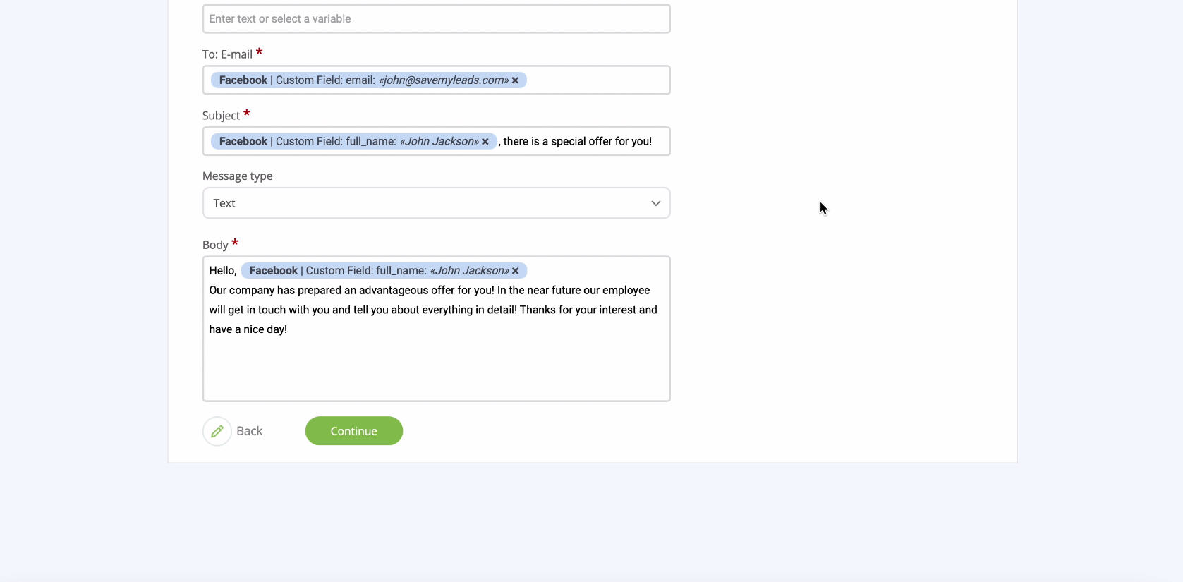 Facebook Lead Ads + Gmail Integration | Prepare the message text Facebook Lead Ads + Gmail Integration | Prepare the message text