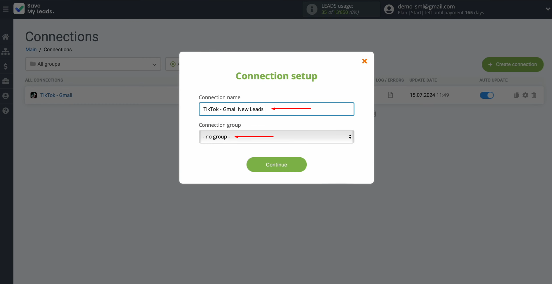 TikTok and Gmail integration | Change the connection name and add it to a group TikTok and Gmail integration | Change the connection name and add it to a group