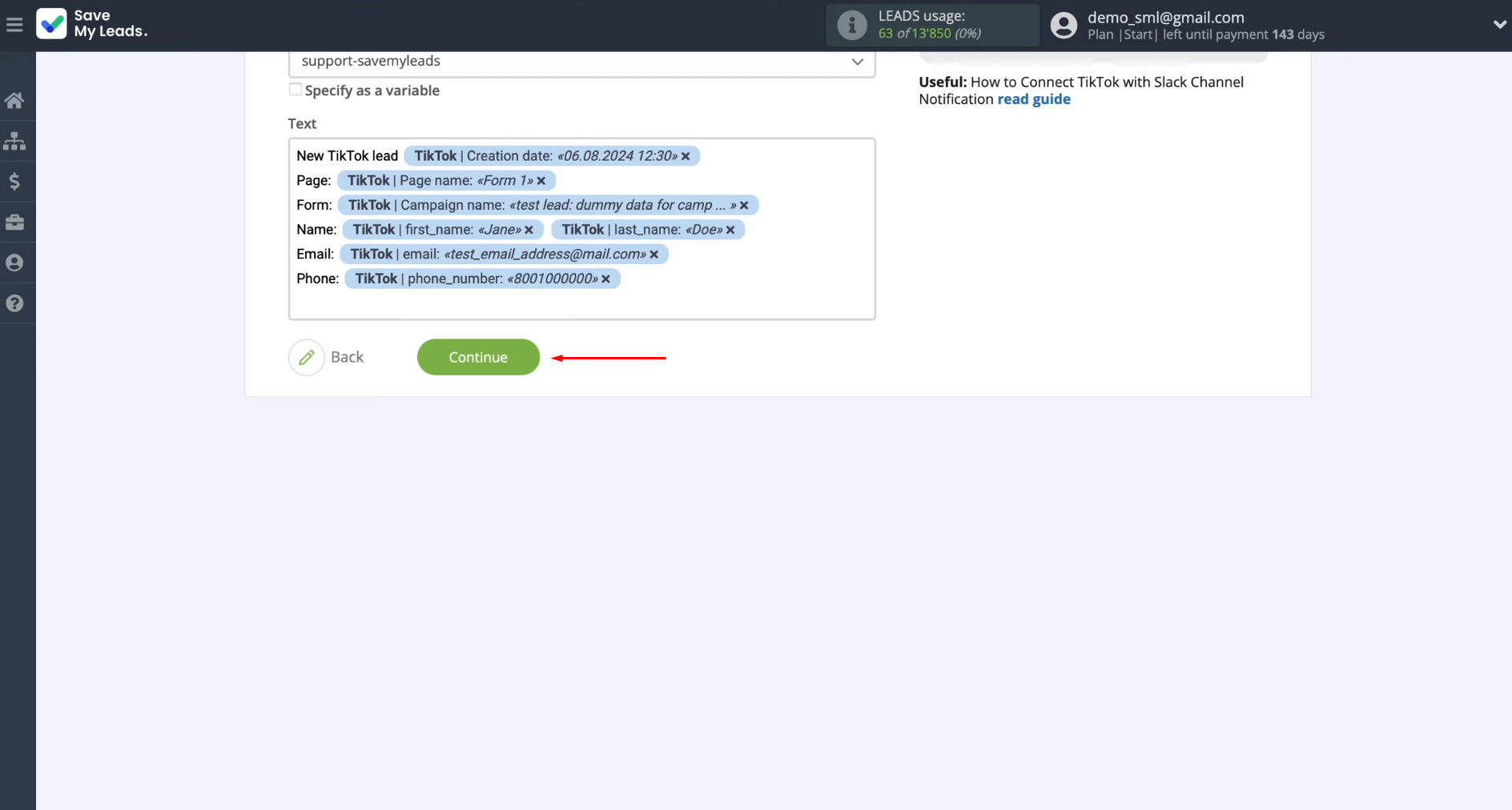 TikTok and Slack integration | Click “Continue” TikTok and Slack integration | Click “Continue”