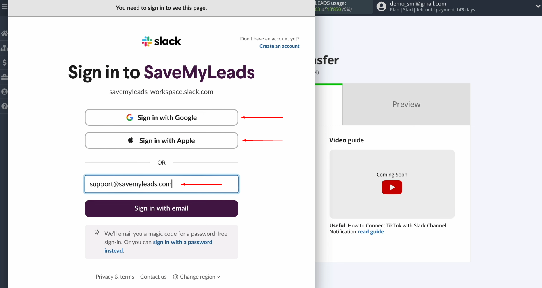 TikTok and Slack integration | Enter your Slack login credentials TikTok and Slack integration | Enter your Slack login credentials