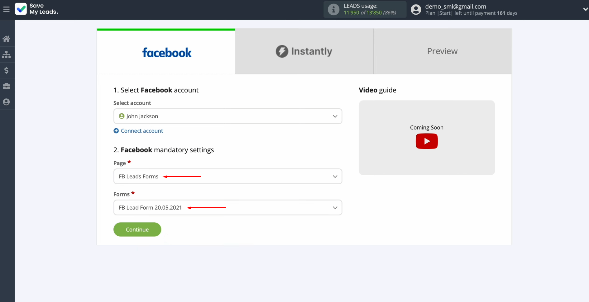 Facebook and Instantly integration | Select the advertising page and the form Facebook and Instantly integration | Select the advertising page and the form