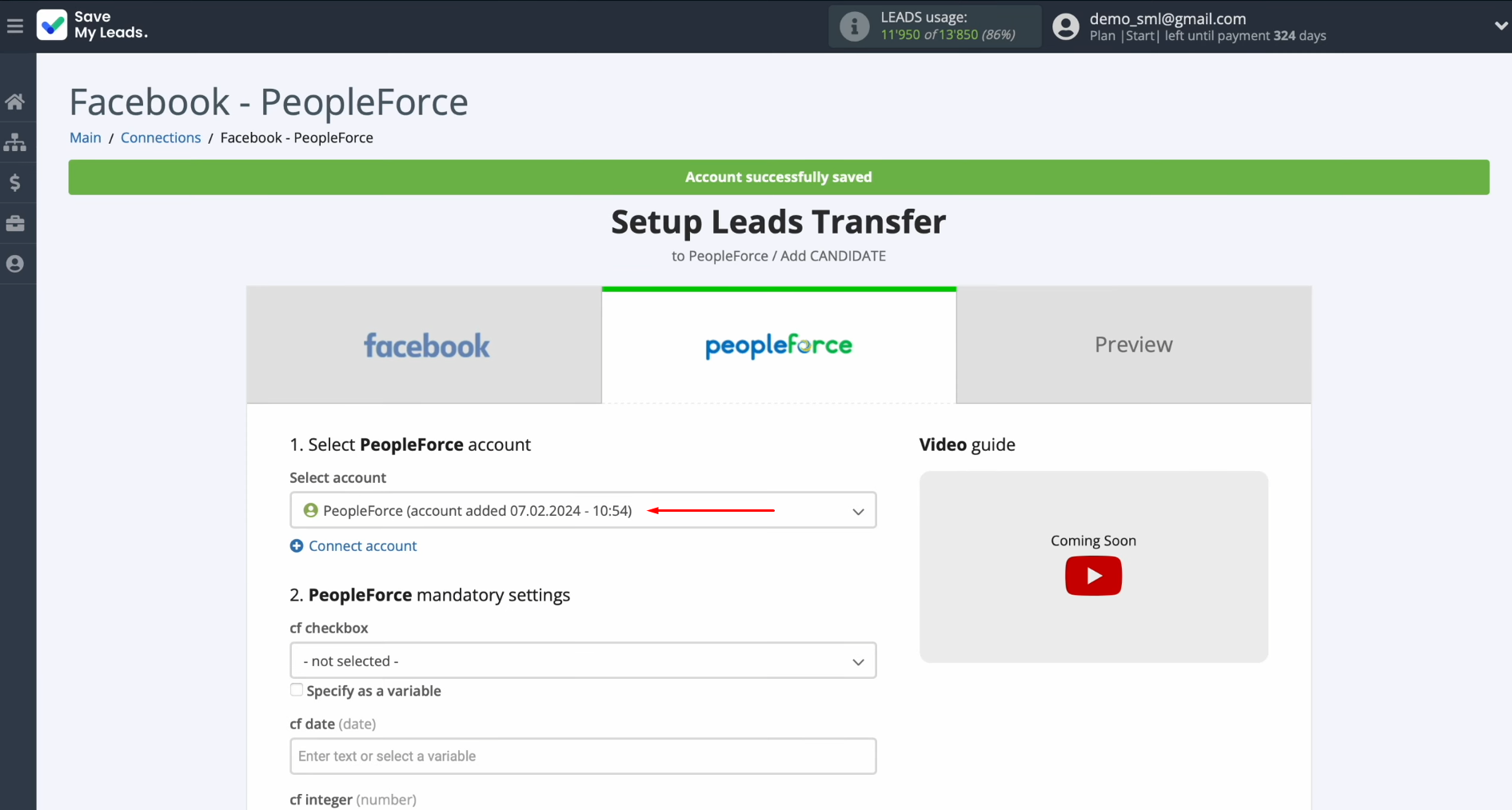 PeopleForce and Facebook integration | Select the connected login PeopleForce and Facebook integration | Select the connected login