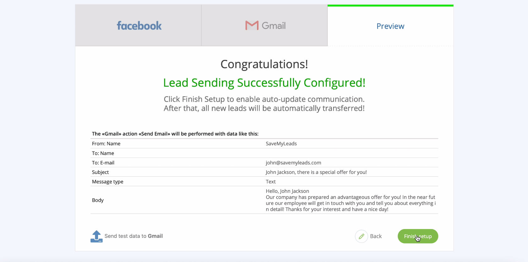 Facebook Lead Ads + Gmail Integration | Click Finish Setup Facebook Lead Ads + Gmail Integration | Click Finish Setup
