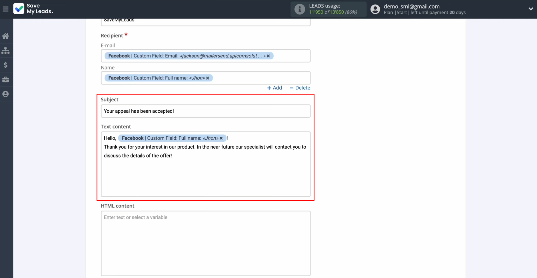 Facebook and MailerSend integration | Enter the text that will be sent to each lead Facebook and MailerSend integration | Enter the text that will be sent to each lead