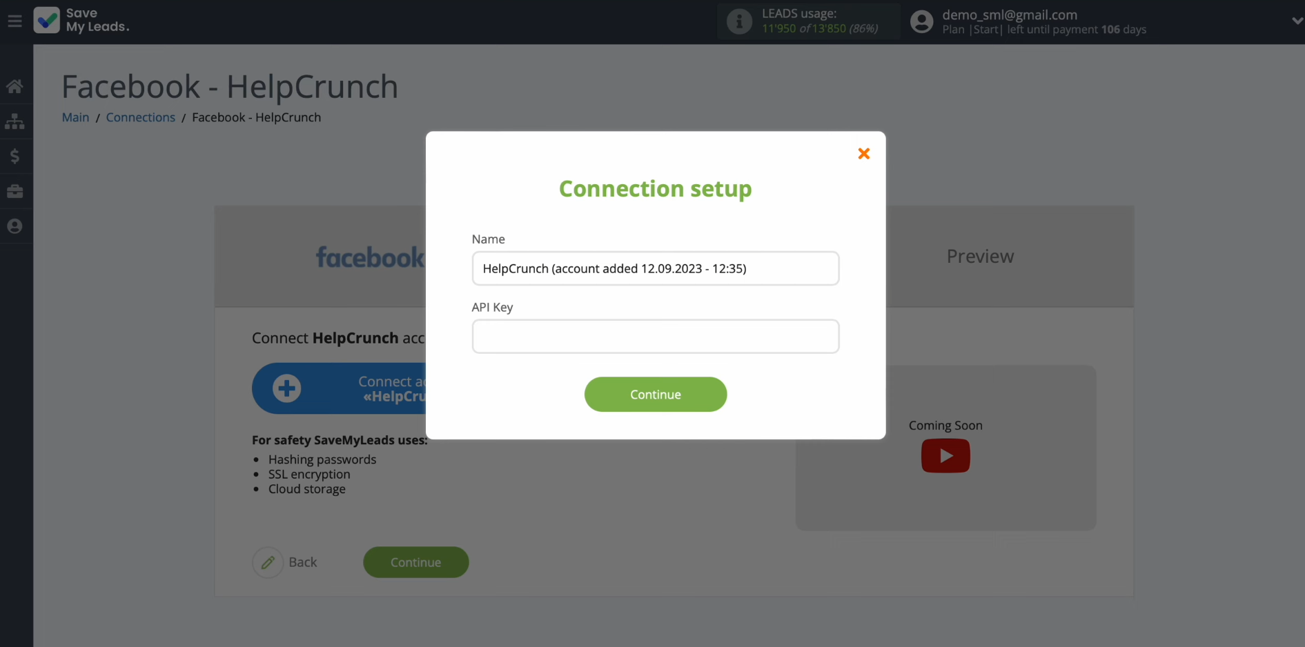 Facebook and HelpCrunch integration | Specify the API key Facebook and HelpCrunch integration | Specify the API key